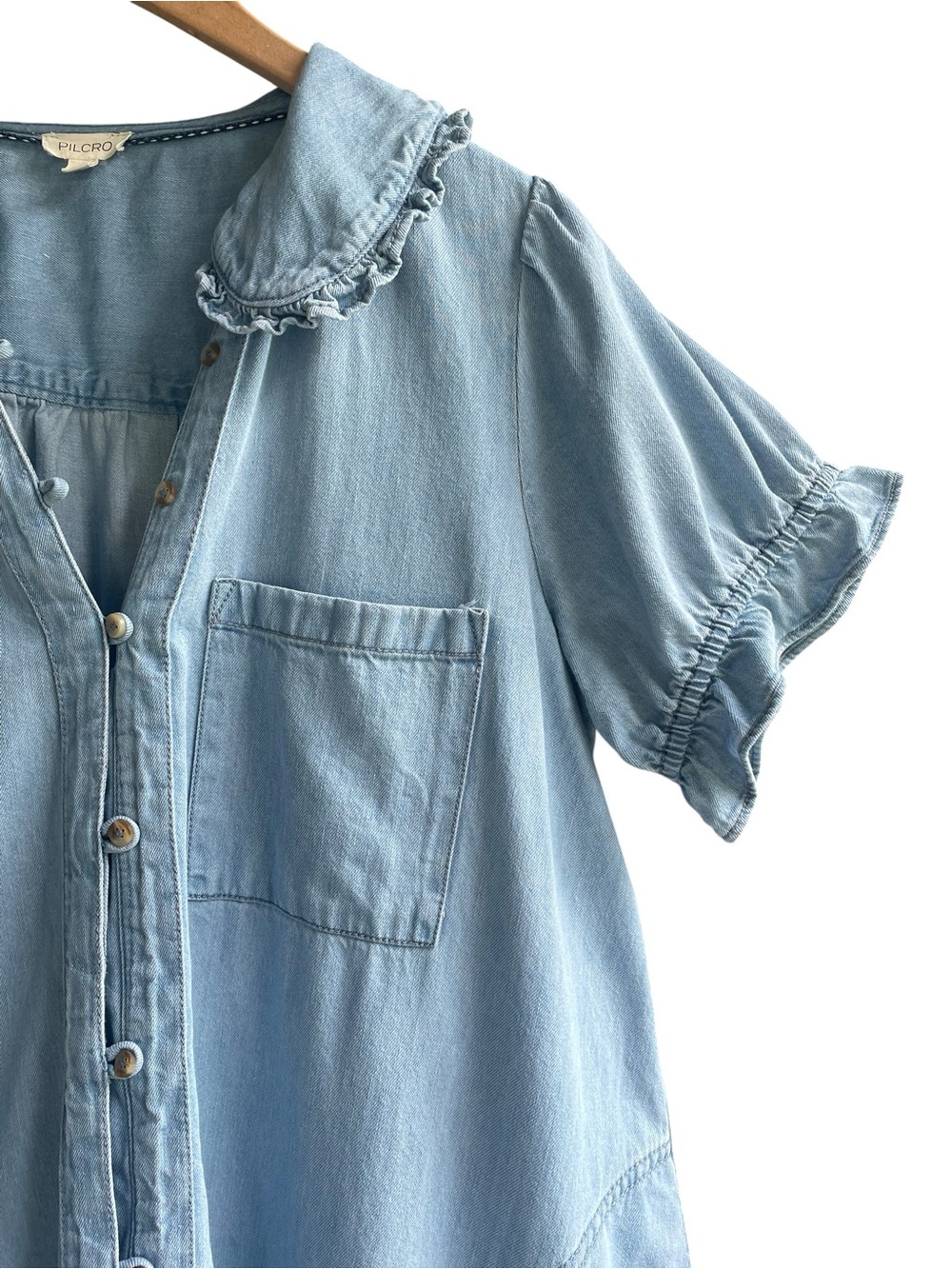 The Keira Denim Mini Dress Anthropologie Pilcro Cotton Light Wash Boho Size L - Picture 3 of 15